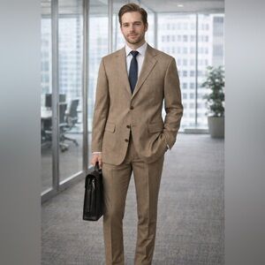 NWT Pronto Mondo Italia Super 140's Merino Wool Designer Tan Striped Suit 40S